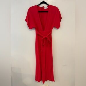 Red V-Neck Midi Jumpsuit